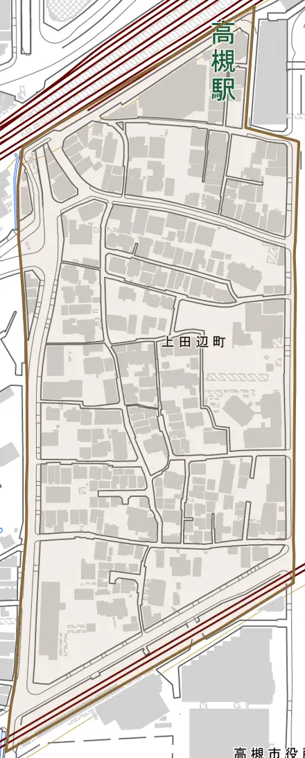 上田辺町とその周辺の地図。町の範囲を重ねている