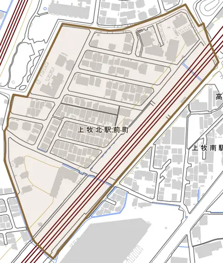 上牧北駅前町とその周辺の地図。町の範囲を重ねている