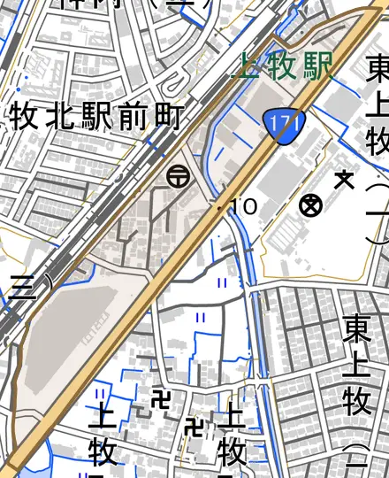 上牧南駅前町とその周辺の地図。町の範囲を重ねている