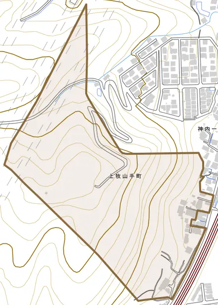 上牧山手町とその周辺の地図。町の範囲を重ねている