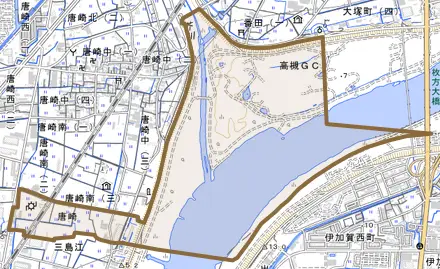 大字唐崎とその周辺の地図。町の範囲を重ねている