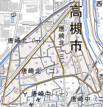 唐崎北とその周辺の地図。町の範囲を重ねている