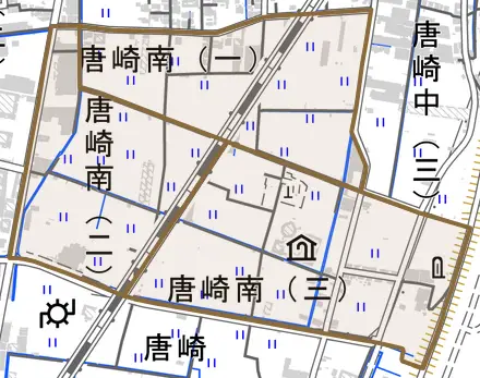 唐崎南とその周辺の地図。町の範囲を重ねている