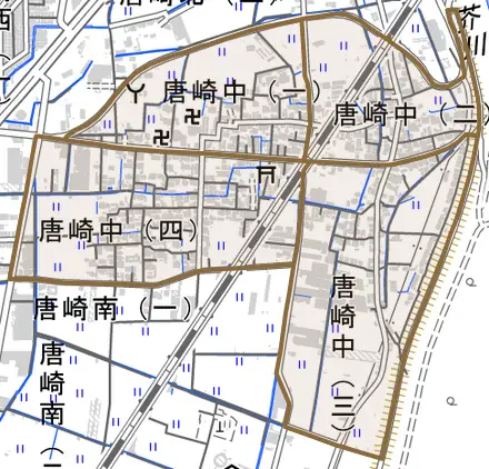 唐崎中とその周辺の地図。町の範囲を重ねている