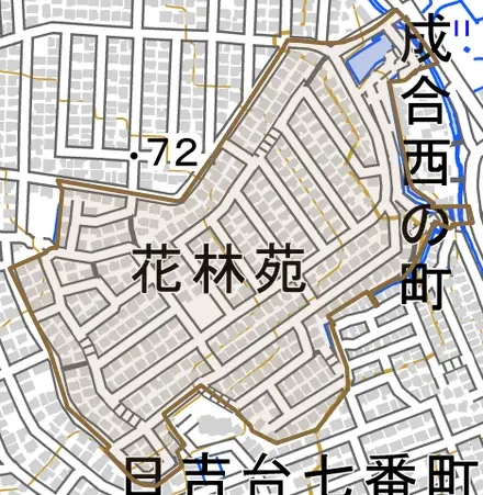 花林苑とその周辺の地図。町の範囲を重ねている