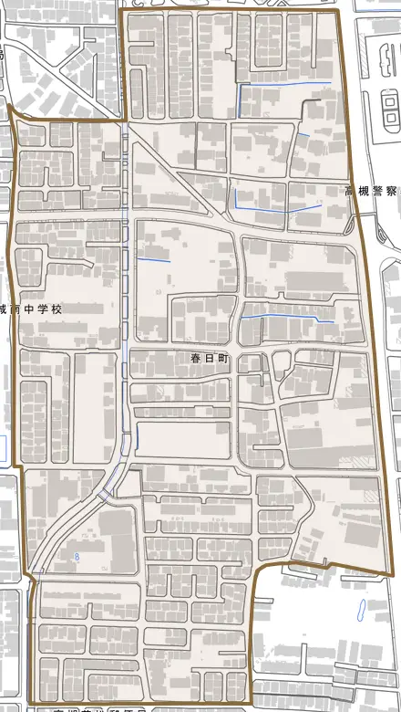 春日町とその周辺の地図。町の範囲を重ねている