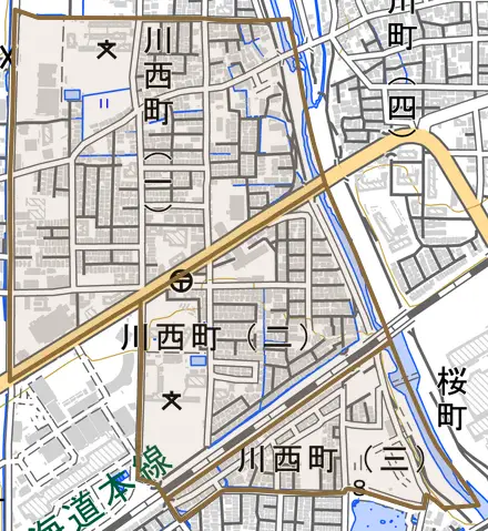 川西町とその周辺の地図。町の範囲を重ねている