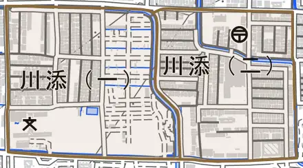 川添とその周辺の地図。町の範囲を重ねている