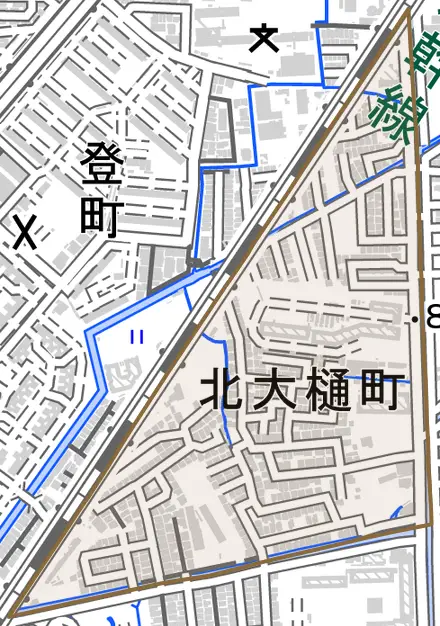 北大樋町とその周辺の地図。町の範囲を重ねている