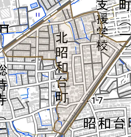 北昭和台町とその周辺の地図。町の範囲を重ねている