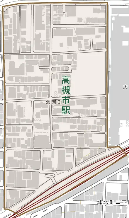北園町とその周辺の地図。町の範囲を重ねている