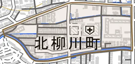 北柳川町とその周辺の地図。町の範囲を重ねている
