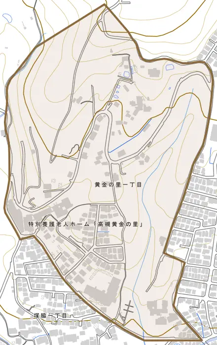 黄金の里とその周辺の地図。町の範囲を重ねている