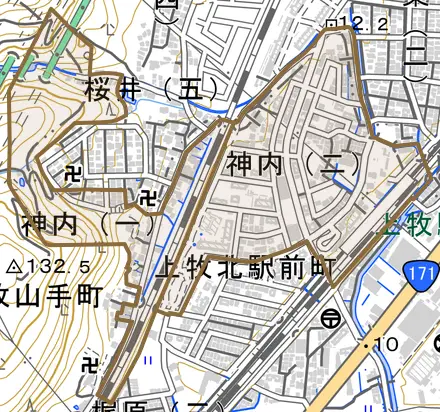 神内とその周辺の地図。町の範囲を重ねている