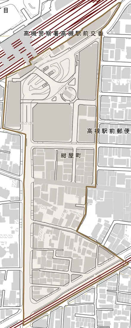 紺屋町とその周辺の地図。町の範囲を重ねている