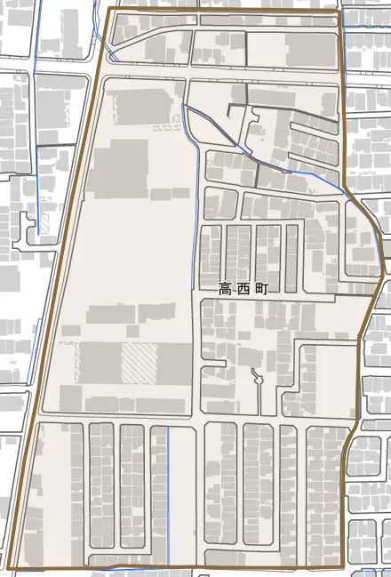 高西町とその周辺の地図。町の範囲を重ねている