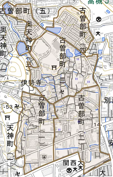 古曽部町とその周辺の地図。町の範囲を重ねている