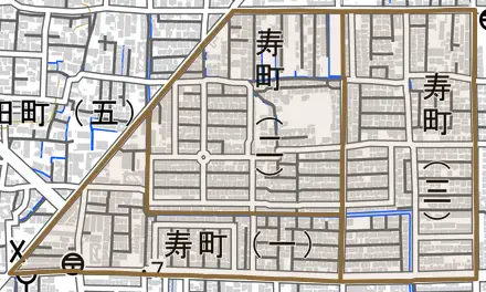 寿町とその周辺の地図。町の範囲を重ねている