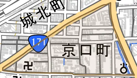 京口町とその周辺の地図。町の範囲を重ねている