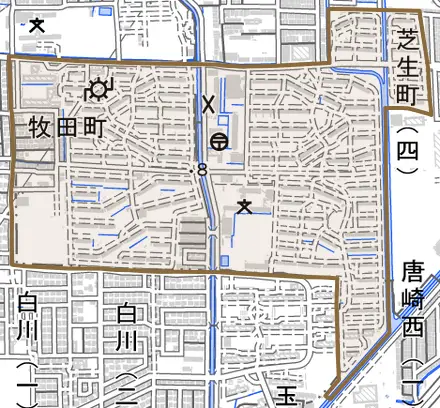 牧田町とその周辺の地図。町の範囲を重ねている