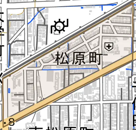 松原町とその周辺の地図。町の範囲を重ねている