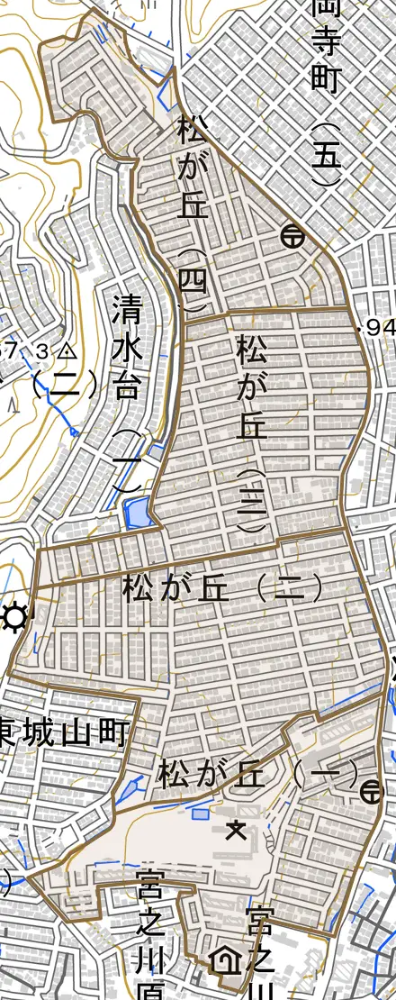 松が丘とその周辺の地図。町の範囲を重ねている