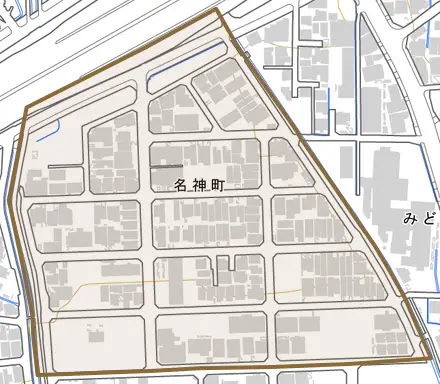 名神町とその周辺の地図。町の範囲を重ねている