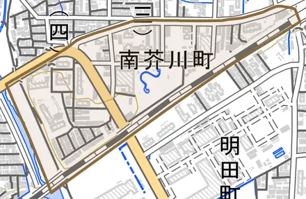 南芥川町とその周辺の地図。町の範囲を重ねている