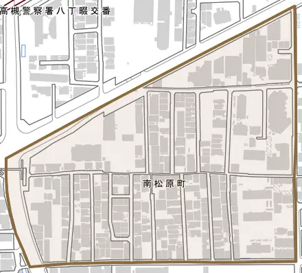 南松原町とその周辺の地図。町の範囲を重ねている