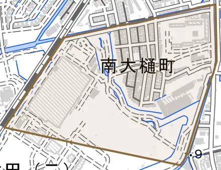 南大樋町とその周辺の地図。町の範囲を重ねている