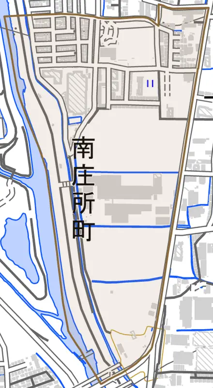 南庄所町とその周辺の地図。町の範囲を重ねている