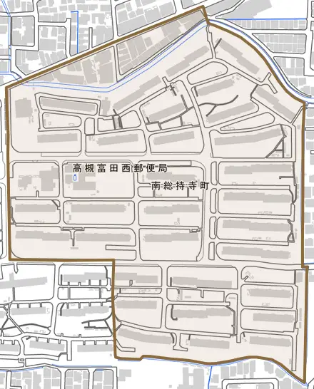 南総持寺町とその周辺の地図。町の範囲を重ねている