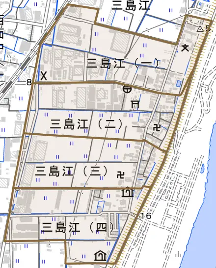 三島江とその周辺の地図。町の範囲を重ねている