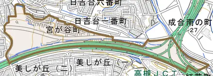 宮が谷町とその周辺の地図。町の範囲を重ねている