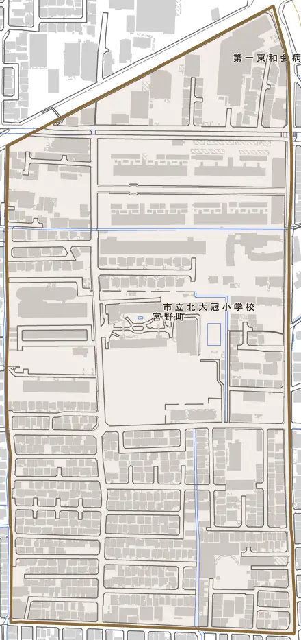 宮野町とその周辺の地図。町の範囲を重ねている
