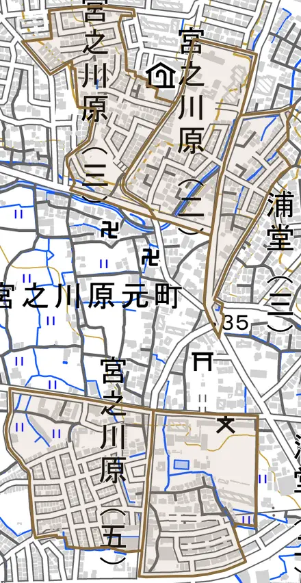 宮之川原とその周辺の地図。町の範囲を重ねている