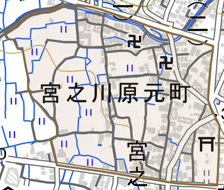 宮之川原元町とその周辺の地図。町の範囲を重ねている