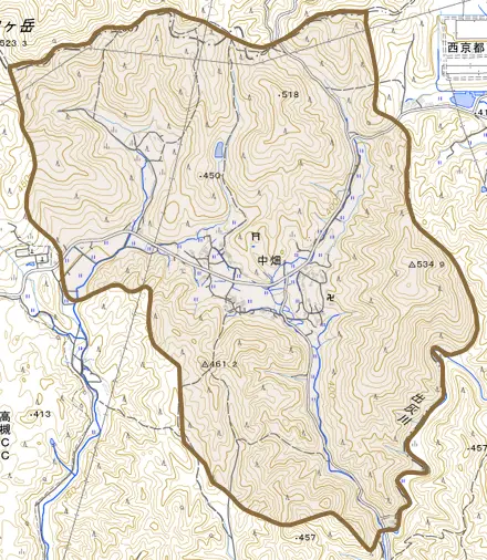 大字中畑とその周辺の地図。町の範囲を重ねている