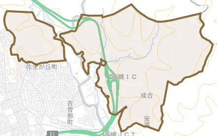 大字成合とその周辺の地図。町の範囲を重ねている