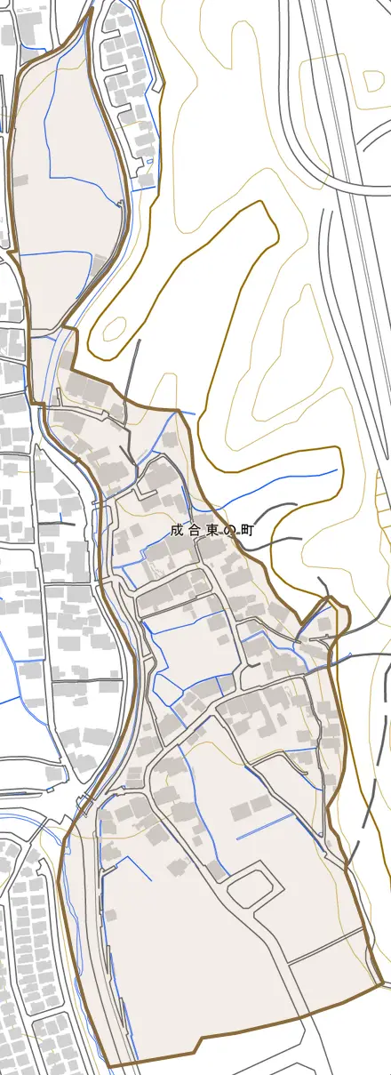 成合東の町とその周辺の地図。町の範囲を重ねている