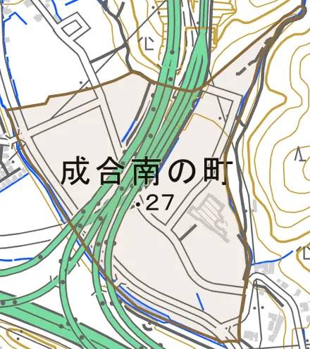 成合南の町とその周辺の地図。町の範囲を重ねている