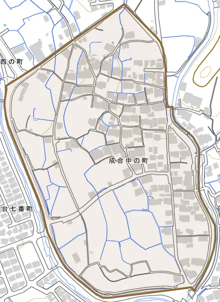 成合中の町とその周辺の地図。町の範囲を重ねている