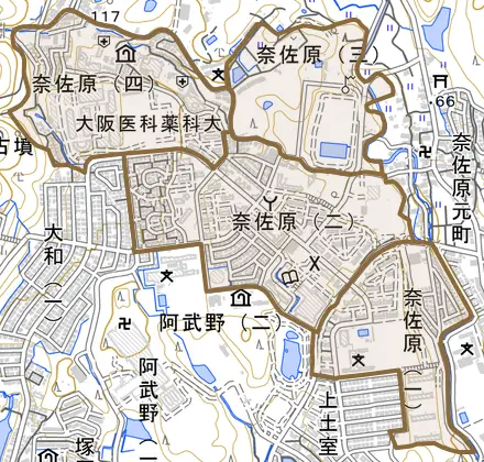 奈佐原とその周辺の地図。町の範囲を重ねている