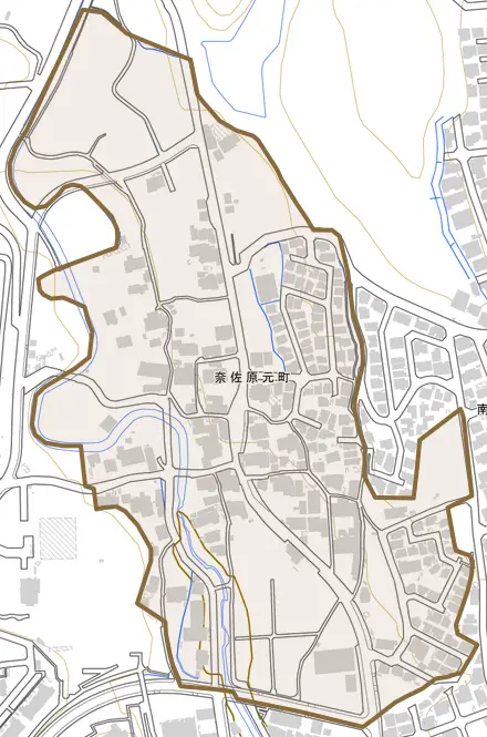 奈佐原元町とその周辺の地図。町の範囲を重ねている