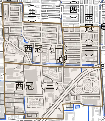 西冠とその周辺の地図。町の範囲を重ねている