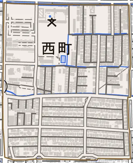 西町とその周辺の地図。町の範囲を重ねている