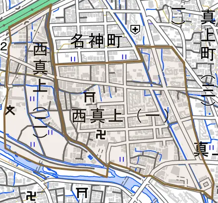 西真上とその周辺の地図。町の範囲を重ねている