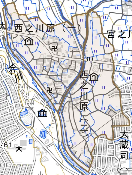 西之川原とその周辺の地図。町の範囲を重ねている
