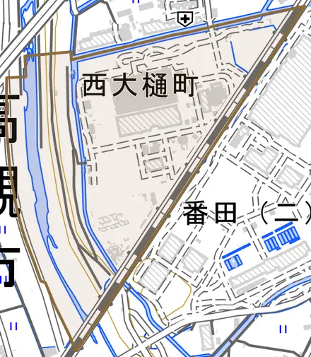 西大樋町とその周辺の地図。町の範囲を重ねている
