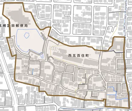 西五百住町とその周辺の地図。町の範囲を重ねている